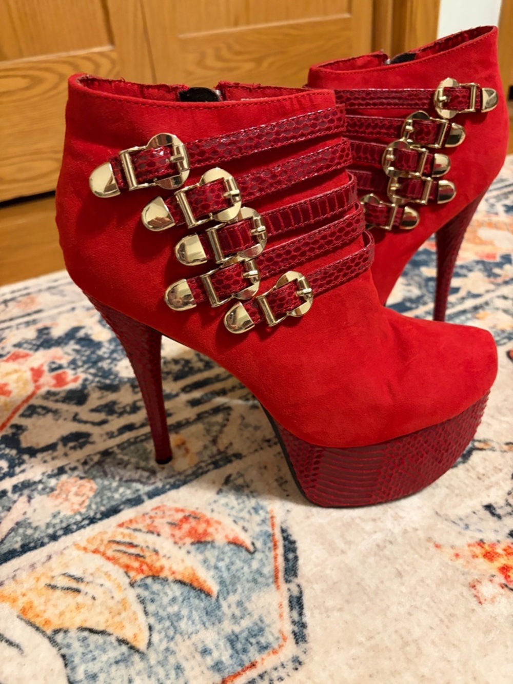 Shoe Dazzle Red Suede Platform Ankle Boots with Gold Buckles - Picture 5 of 8